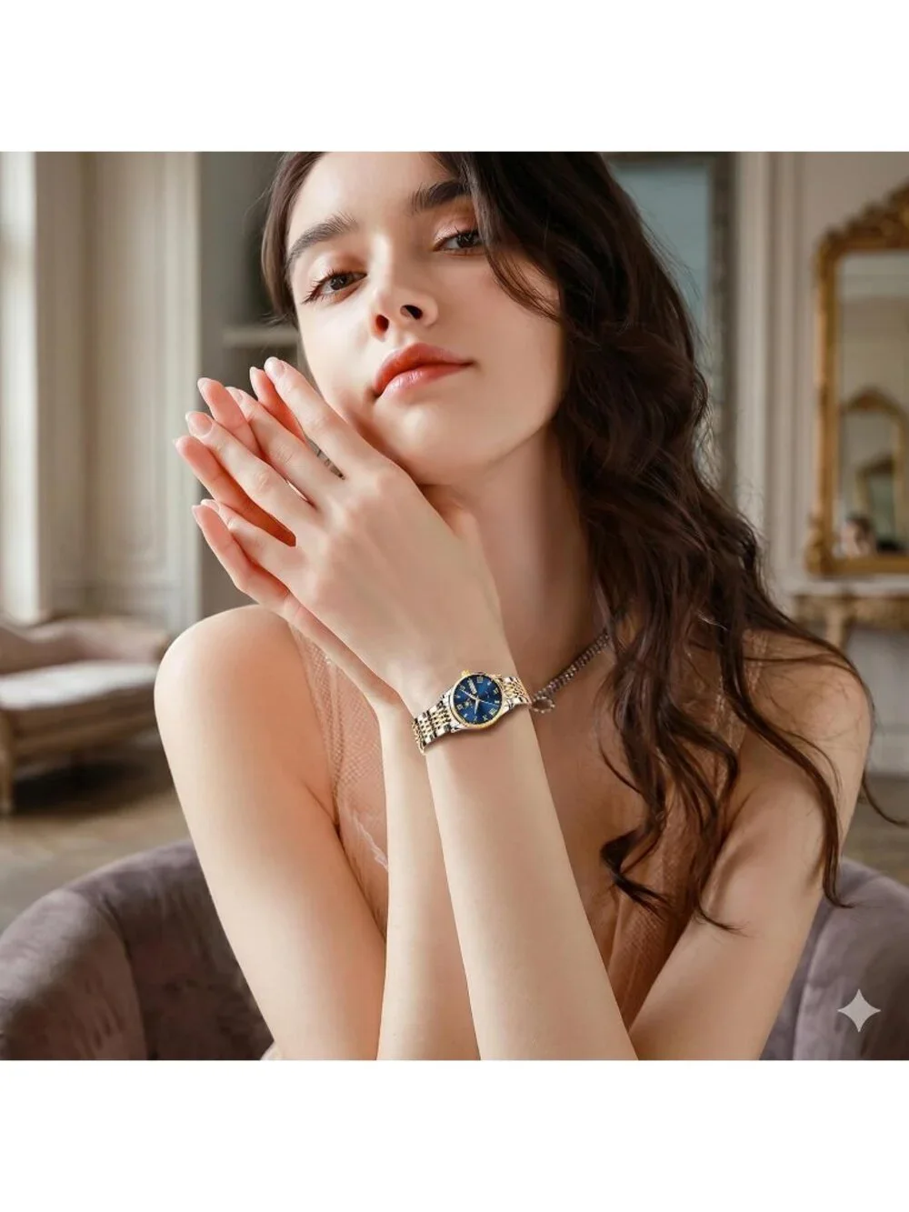 Women's Gold Silver And Blue Analog Quartz Waterproof Stainless Steel Band Watch